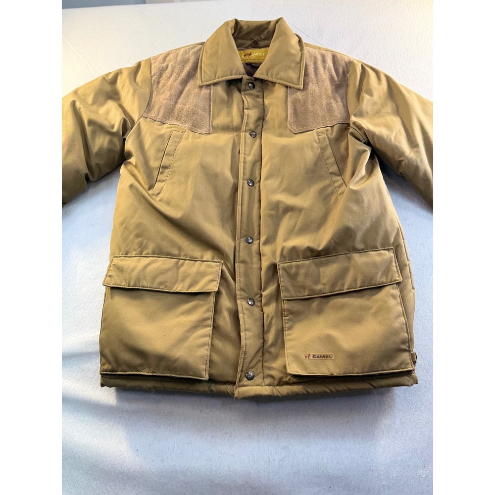 Vintage Camel Goose Down Hunting Jacket Tan Mens Medium Suede Patch Field Coat